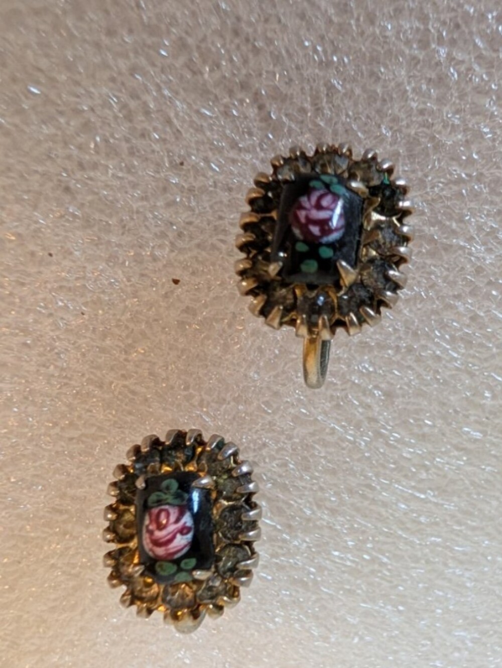 Gold-Tone Floral Enamel Earrings with Pink Rose Accents
